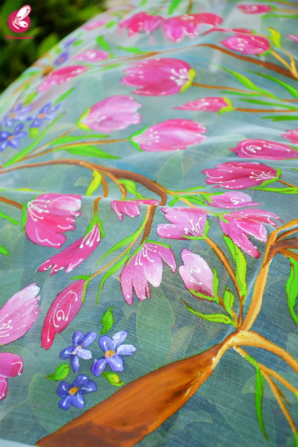 White Organza Handpainted Multicolored Floral Stole