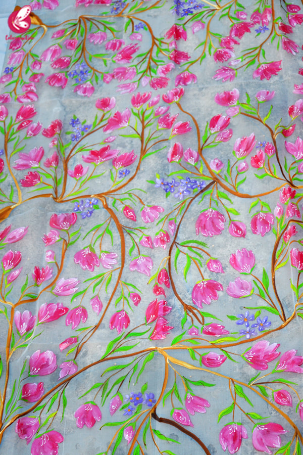 White Organza Handpainted Multicolored Floral Stole