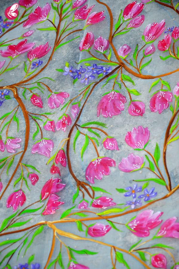 White Organza Handpainted Multicolored Floral Stole