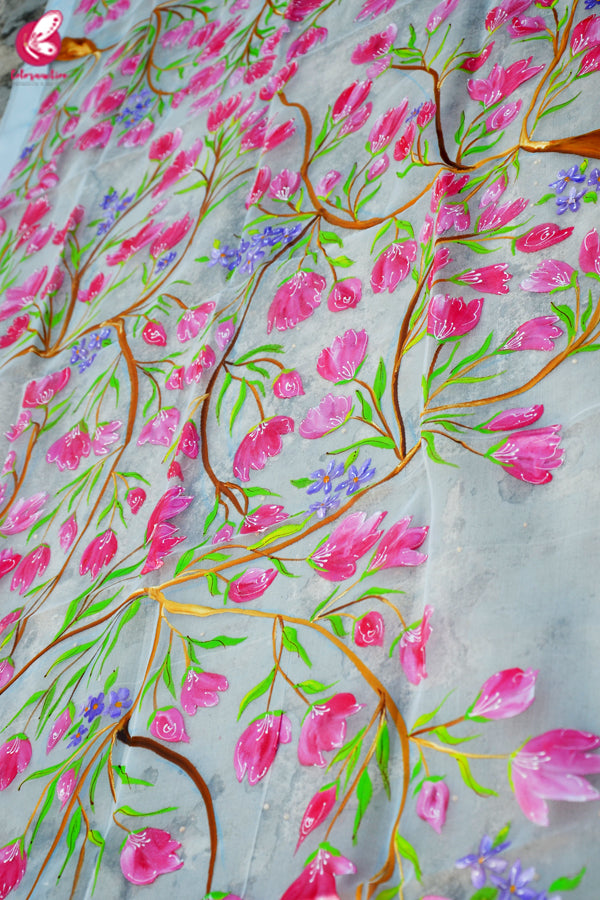 White Organza Handpainted Multicolored Floral Stole