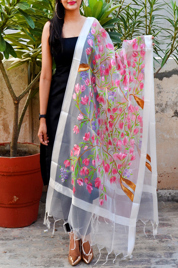 White Organza Handpainted Multicolored Floral Stole