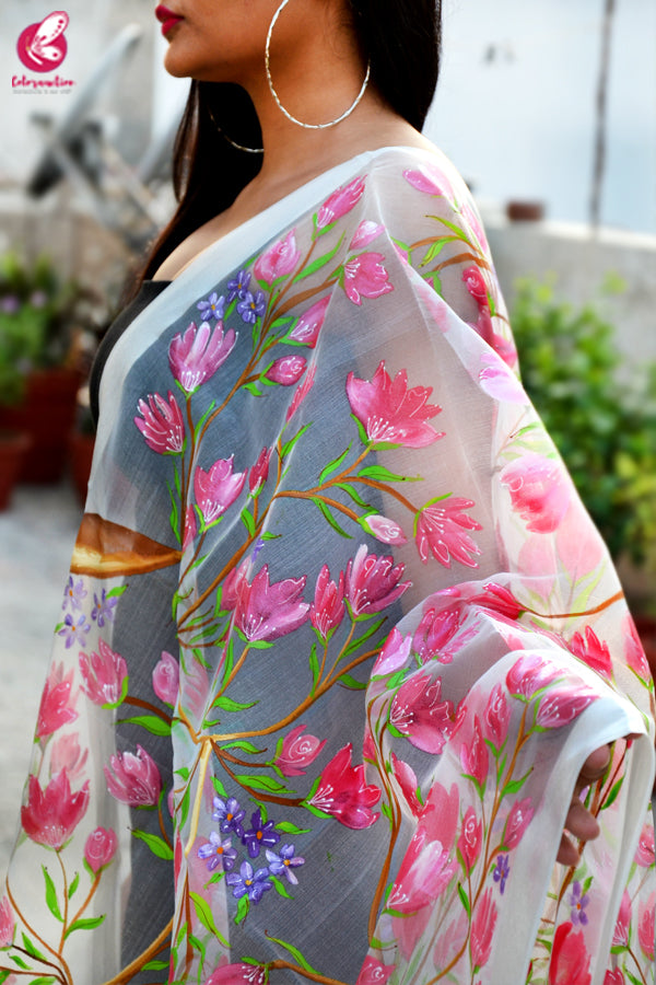 White Organza Handpainted Multicolored Floral Stole