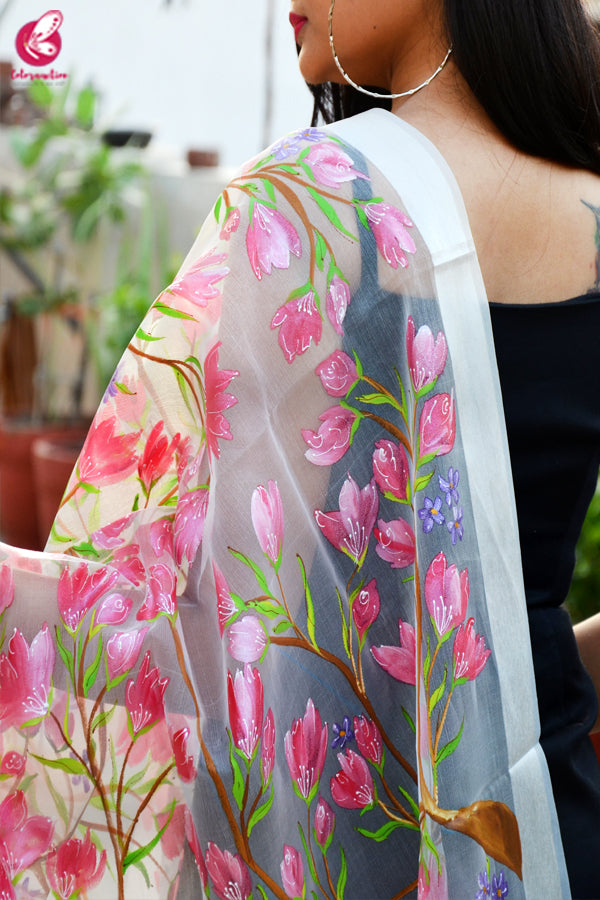 White Organza Handpainted Multicolored Floral Stole