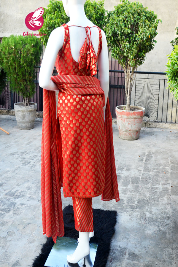 Red Golden Padded Silk Brocade Sleeveless Kurti with Red Golden Brocade Lehriya Silk Pants and Red Golden Lehriya Dupatta