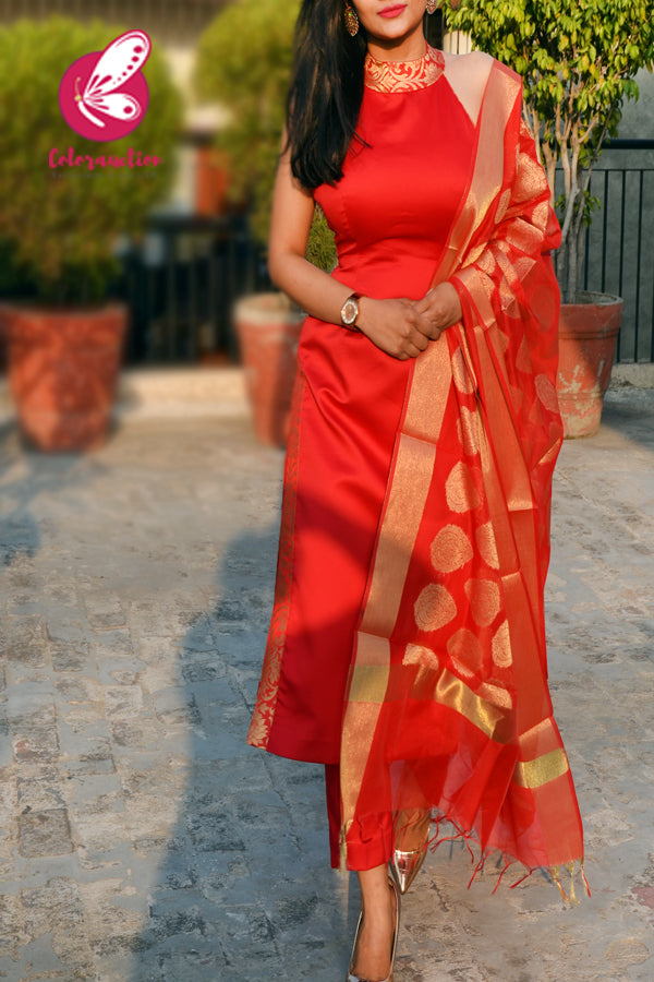 Red Cotton Silk Golden Brocade Padded Kurti with Red Cotton Silk Pants and Red Golden Chanderi Dupatta