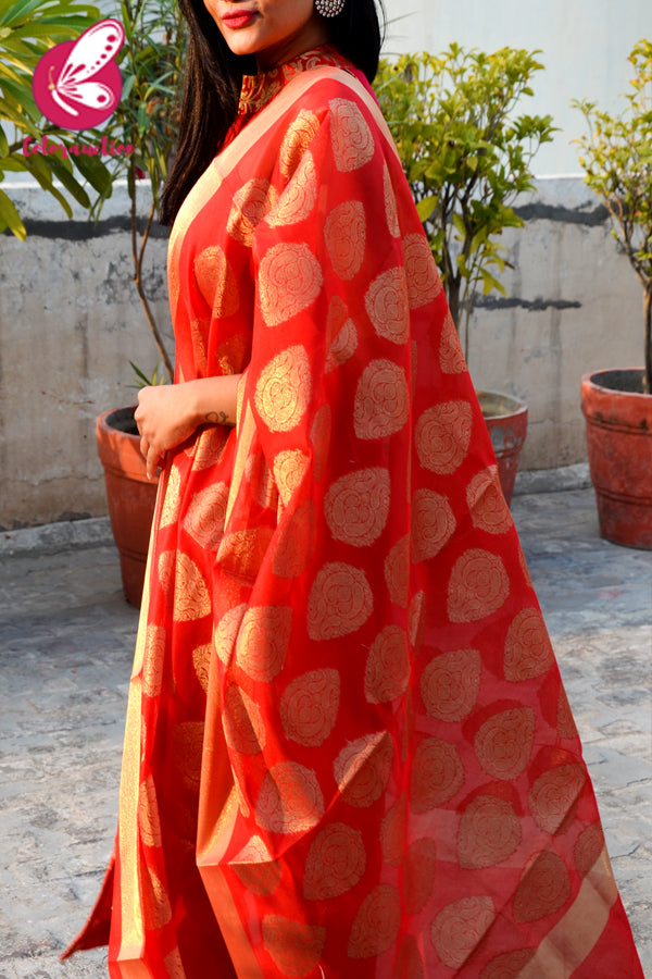 Red Cotton Silk Golden Brocade Padded Kurti with Red Cotton Silk Pants and Red Golden Chanderi Dupatta
