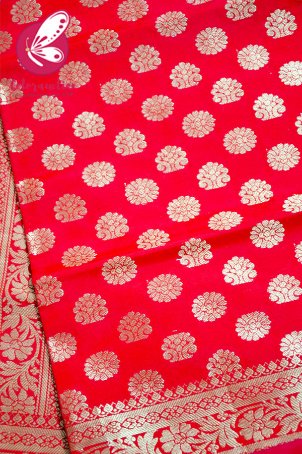 Red Cotton Silk Golden Brocade Padded Kurti with Red Cotton Silk Pants and Red Golden Chanderi Dupatta