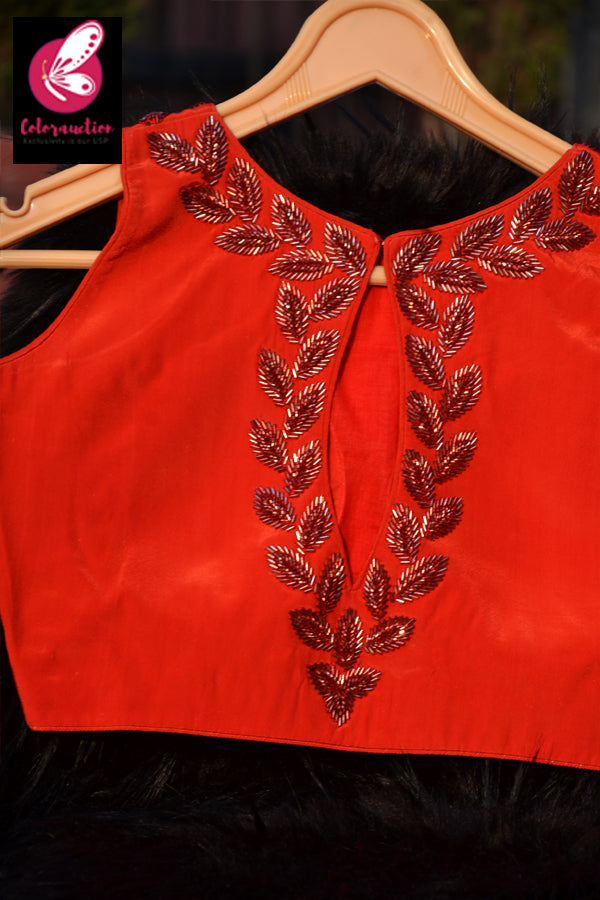 Red Crepe Beads Handwork Padded Keyhole Back Blouse
