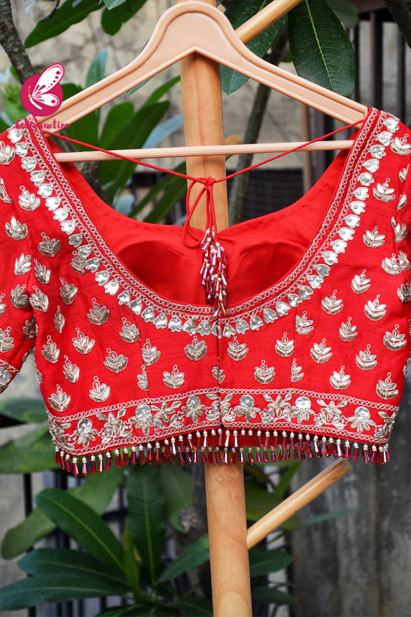 Red Raw Silk Dabka Sequins Hand Embroidered Padded Heavy Blouse
