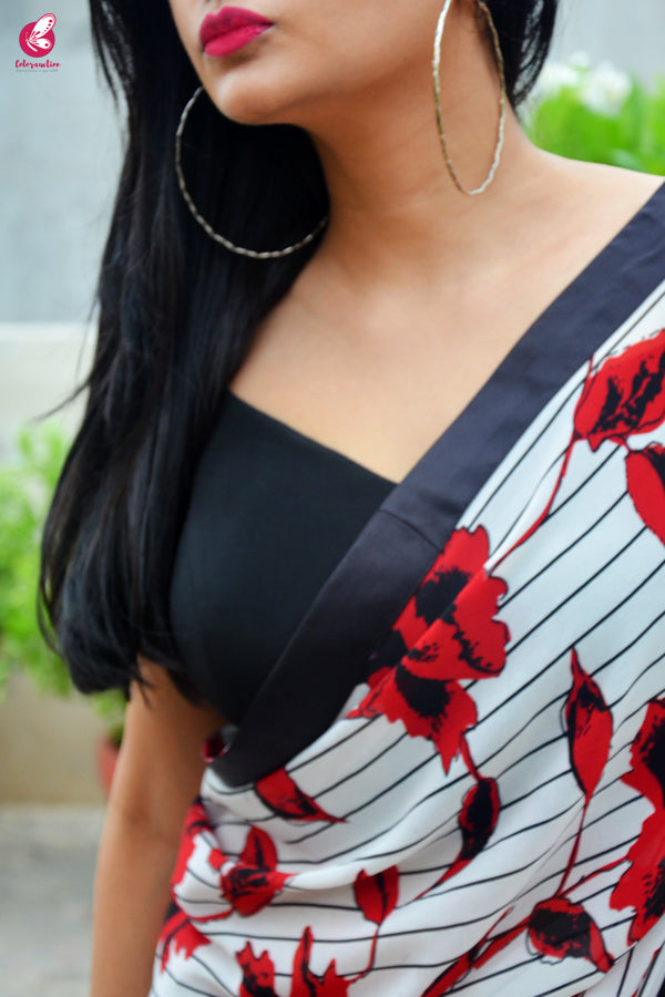 Red &amp; Black Satin Taping Georgette Saree