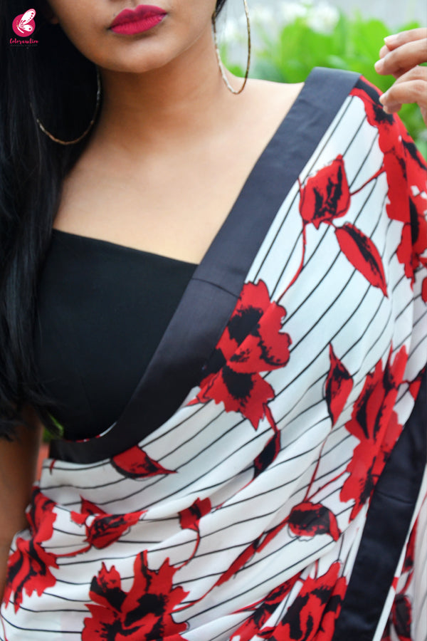Red &amp; Black Satin Taping Georgette Saree
