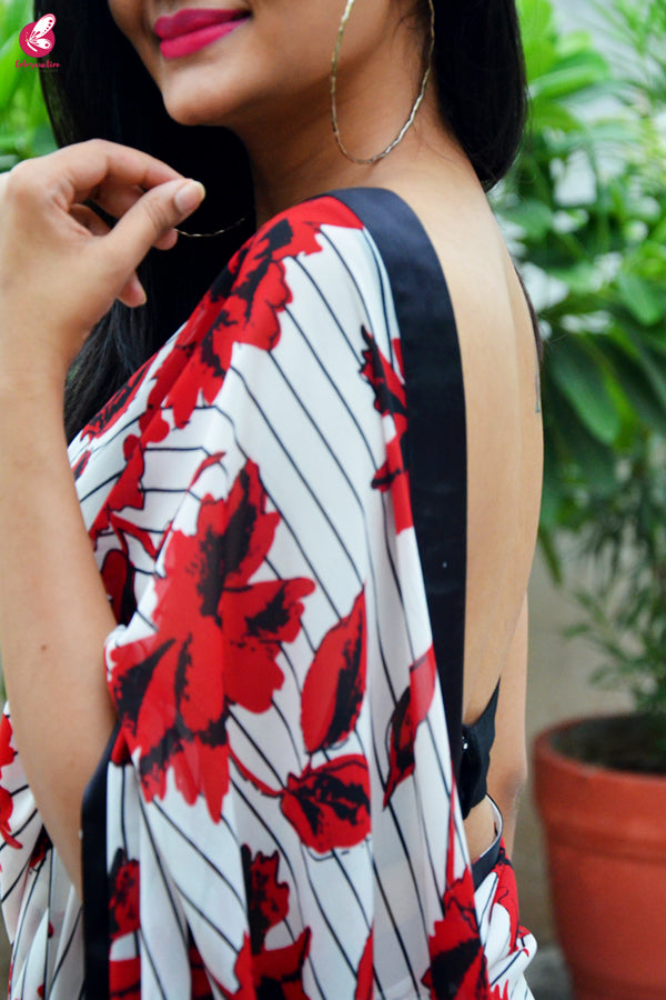 Red &amp; Black Satin Taping Georgette Saree