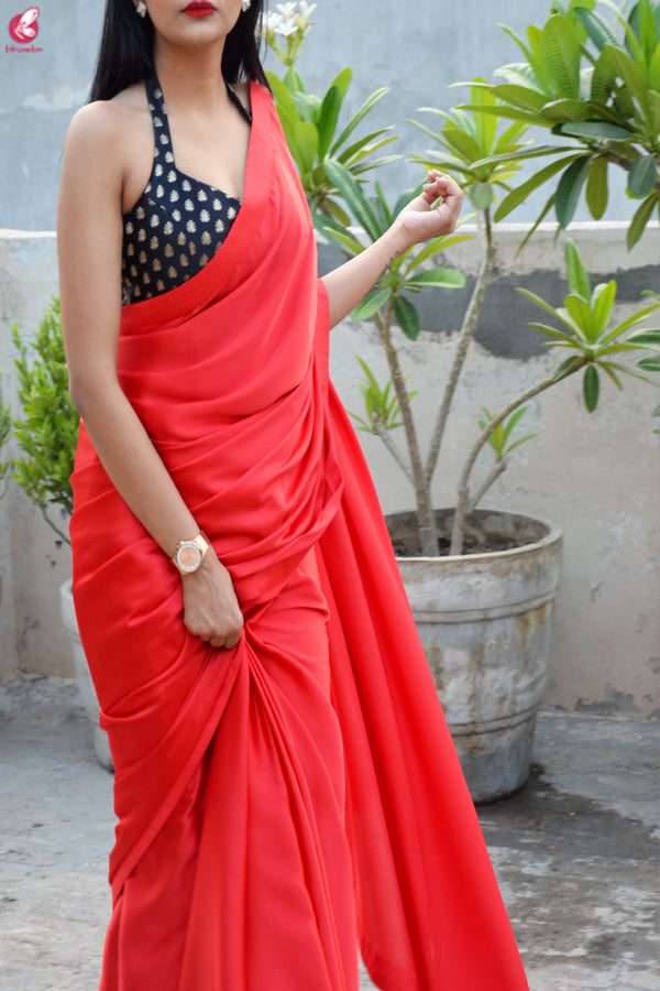 Red Satin Dupion Silk Taping Saree