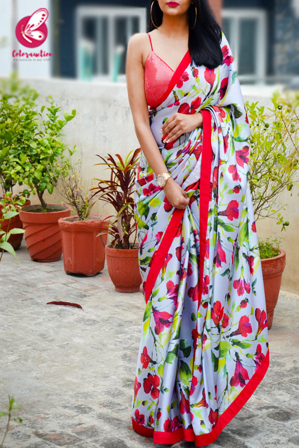 Red & Grey Printed Satin Red Dupion Taping Saree
