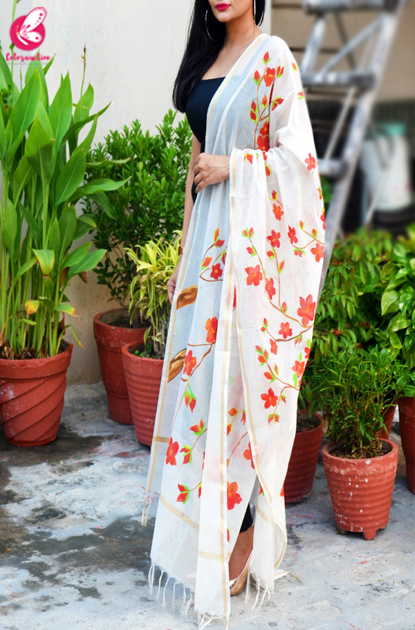Off White Chanderi Floral Handpainted Stole