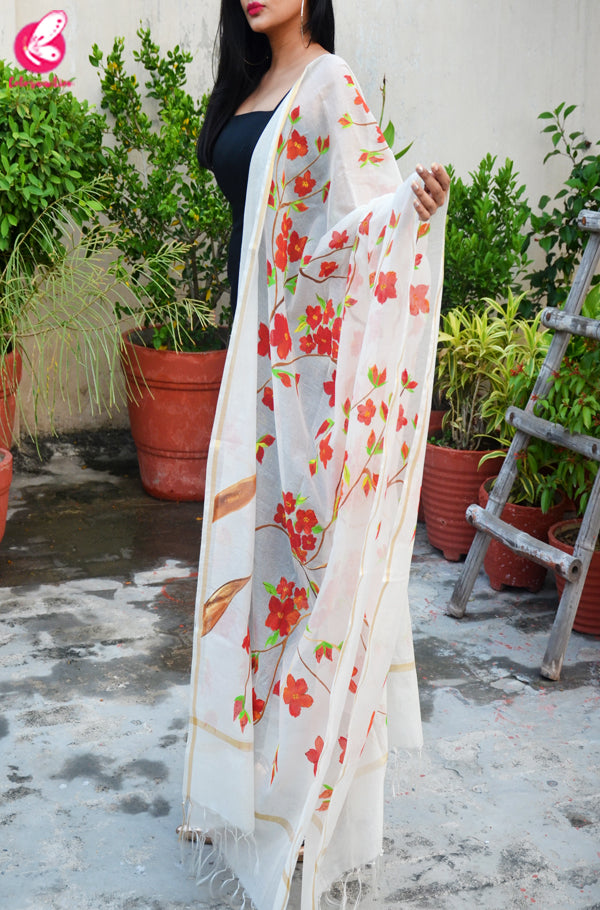 Off White Chanderi Floral Handpainted Stole