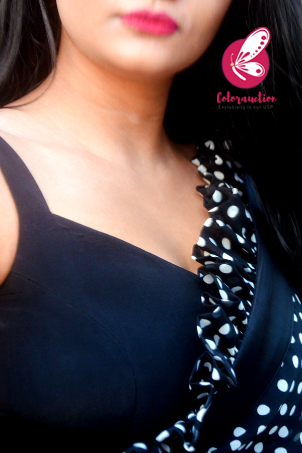 Black Polka Dots Georgette Ruffle Black Satin Taping Saree