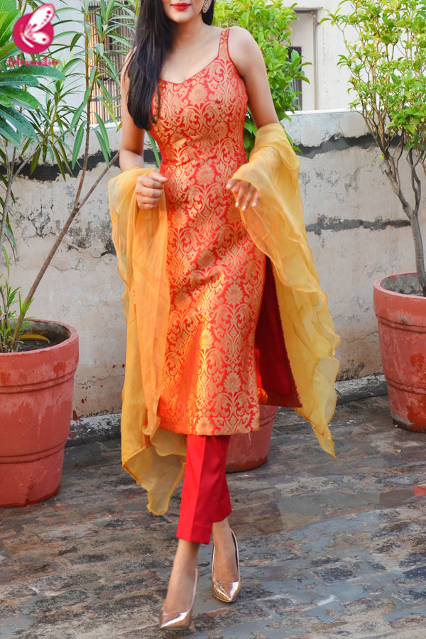 Red Golden Brocade Padded Kurti with Red Cotton Silk Pants and Golden Organza Ruffle Dupatta