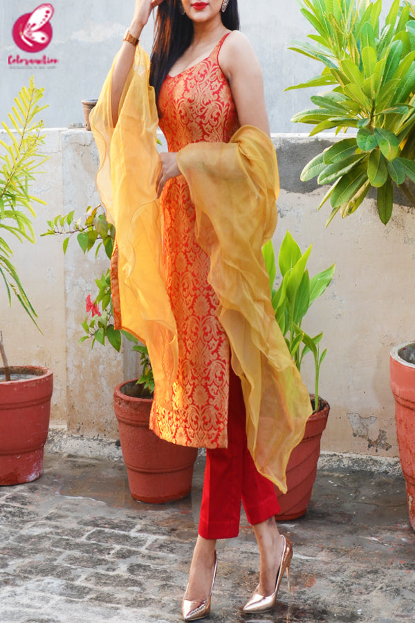 Red Golden Brocade Padded Kurti with Red Cotton Silk Pants and Golden Organza Ruffle Dupatta