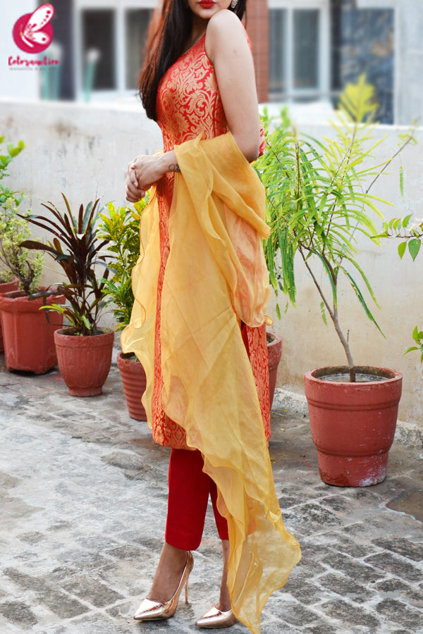 Red Golden Brocade Padded Kurti with Red Cotton Silk Pants and Golden Organza Ruffle Dupatta