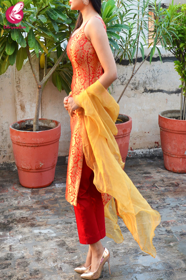 Red Golden Brocade Padded Kurti with Red Cotton Silk Pants and Golden Organza Ruffle Dupatta