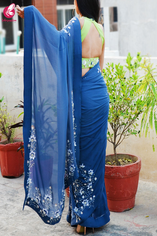 Blue Pure Silk Chiffon Sequins Pearl Handwork Saree