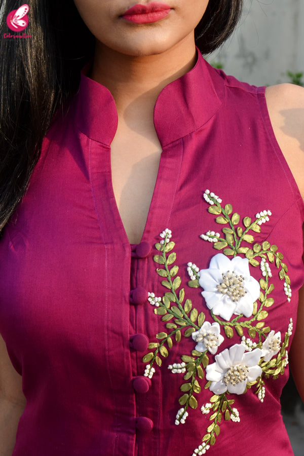 Wine Ribbon Handwork Cotton Silk Kurti with Wine Cotton Silk Pants