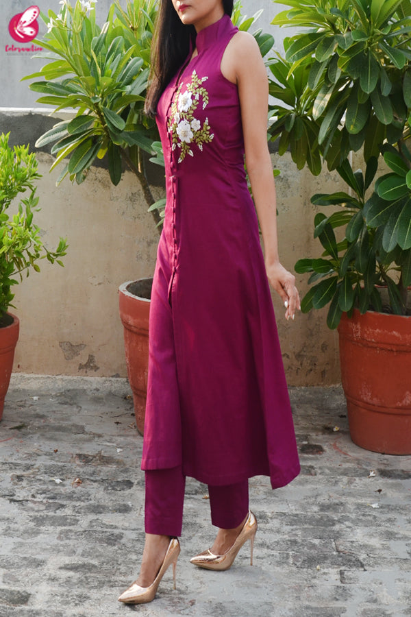 Wine Ribbon Handwork Cotton Silk Kurti with Wine Cotton Silk Pants