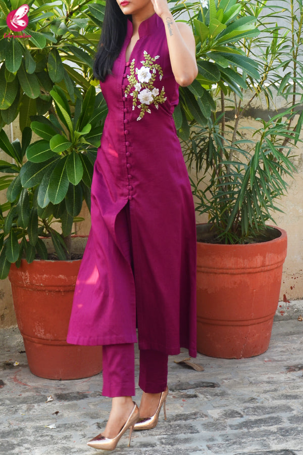 Wine Ribbon Handwork Cotton Silk Kurti with Wine Cotton Silk Pants