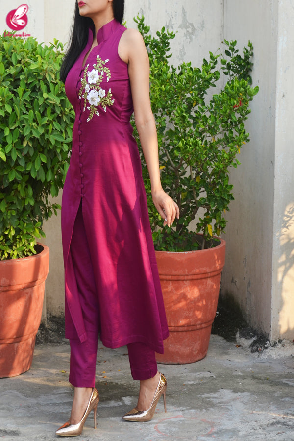 Wine Ribbon Handwork Cotton Silk Kurti with Wine Cotton Silk Pants