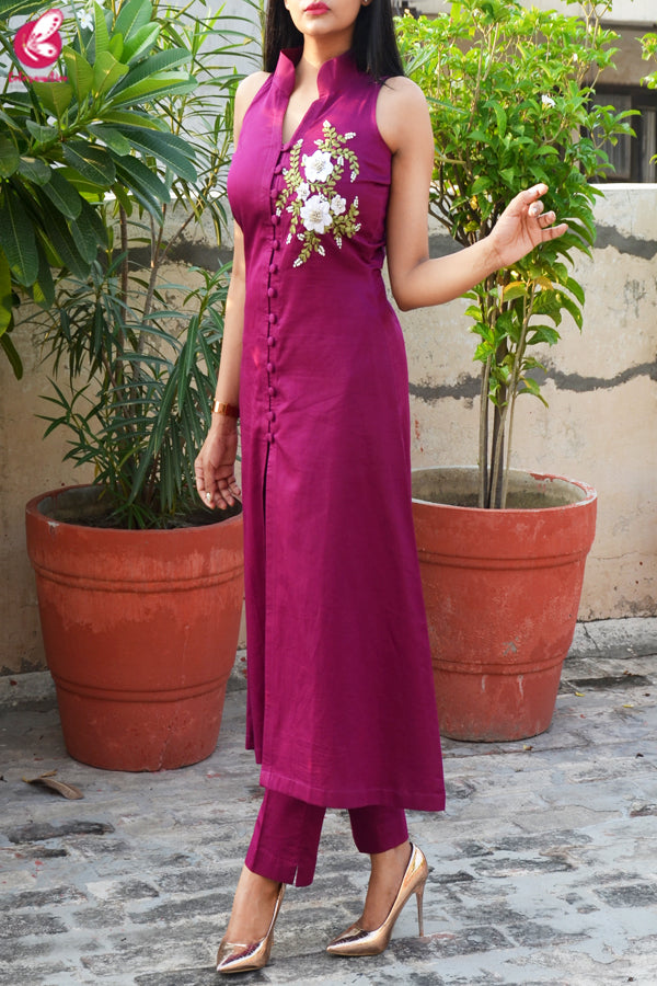 Wine Ribbon Handwork Cotton Silk Kurti with Wine Cotton Silk Pants