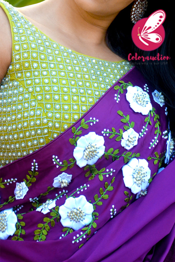 Plum Pure Satin Floral Ribbon Handwork Saree