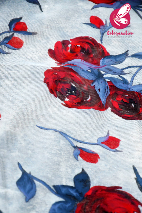 Off White Pure Organza Grey Red Roses Floral Stole