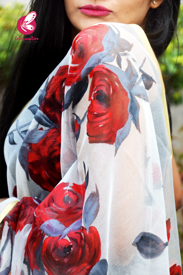 Off White Pure Organza Grey Red Roses Floral Stole