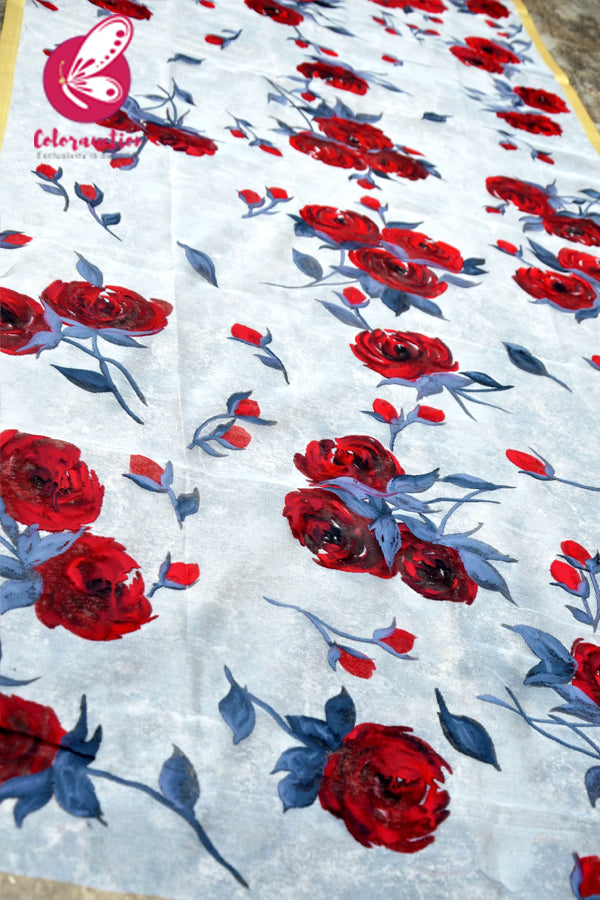 Off White Pure Organza Grey Red Roses Floral Stole