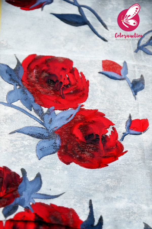 Off White Pure Organza Grey Red Roses Floral Stole