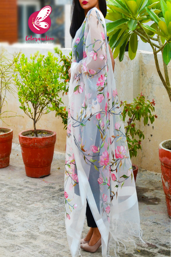 White Organza Handpainted Pink Floral Stole