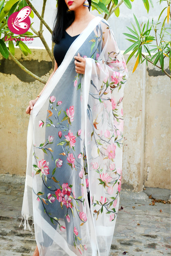 White Organza Handpainted Pink Floral Stole