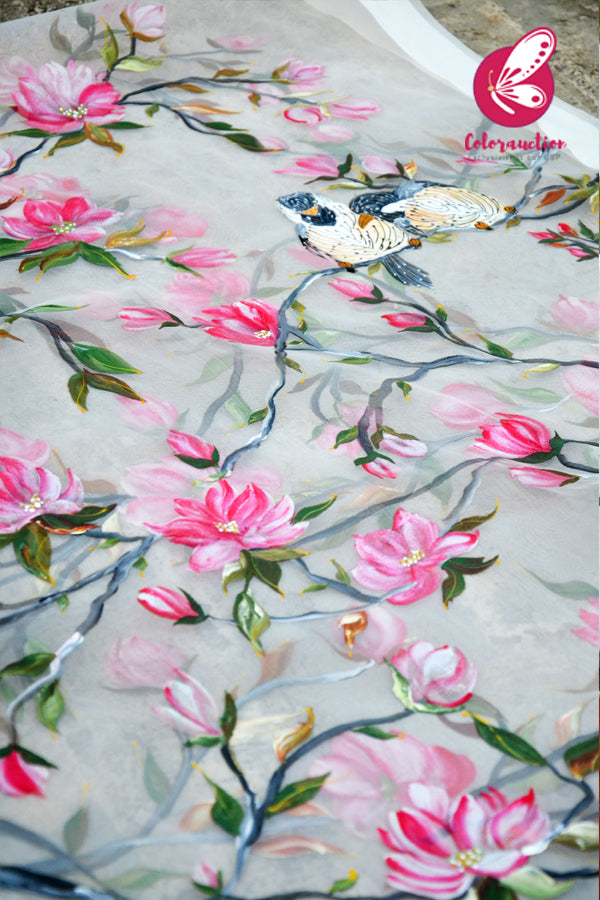 White Organza Handpainted Pink Floral Stole