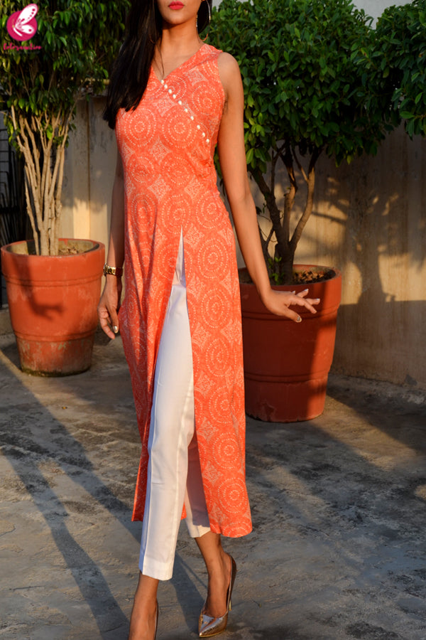 Orange &amp; White Printed Modal Rayon Kurti with White Cotton Silk Pants