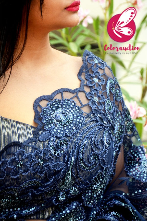 Blue Silver Stripped Satin Strappy Padded Blouse