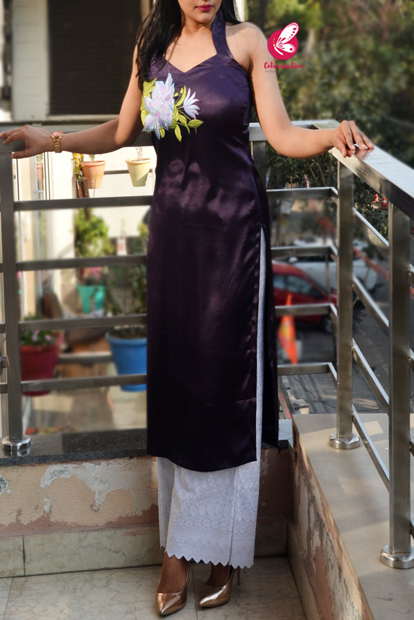 Purple Embroidered Satin Halter Neck Straight Fit Kurti
