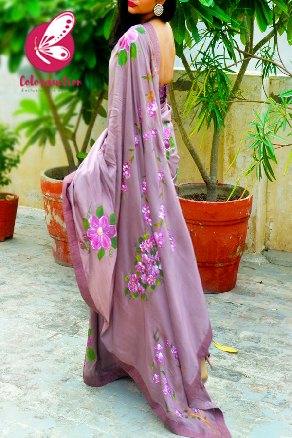 Mauvish Hand Painted Floral Pure Silk Chiffon Saree