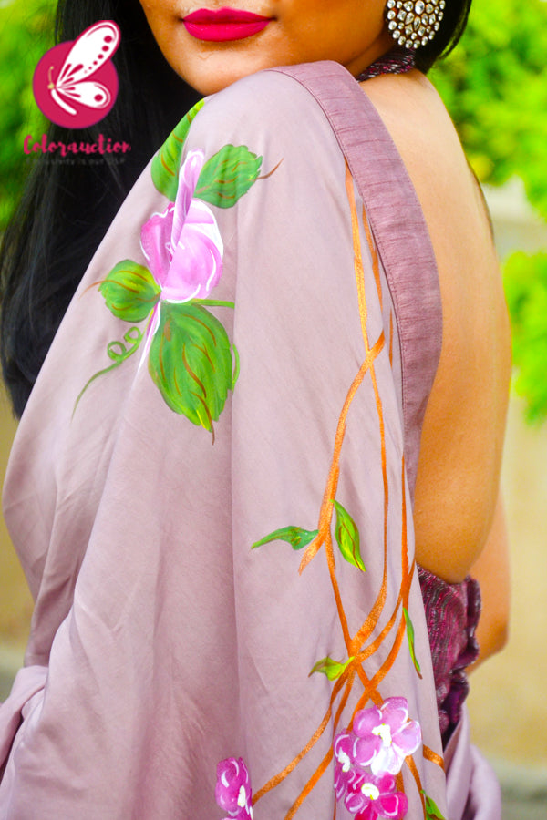 Mauvish Hand Painted Floral Pure Silk Chiffon Saree
