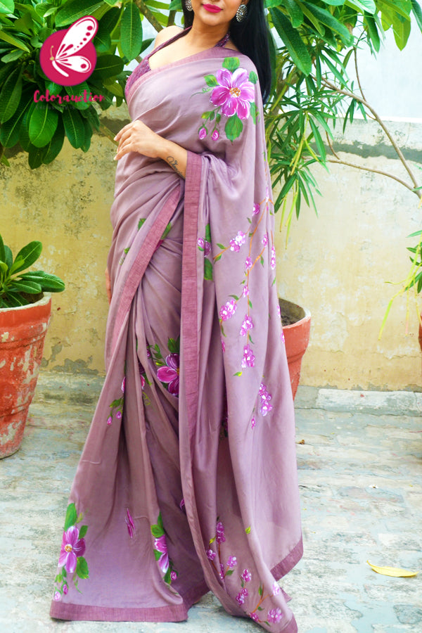 Mauvish Hand Painted Floral Pure Silk Chiffon Saree