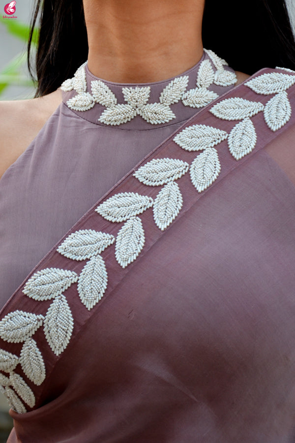 Mauve Pearl Work Pure Silk Chiffon Saree