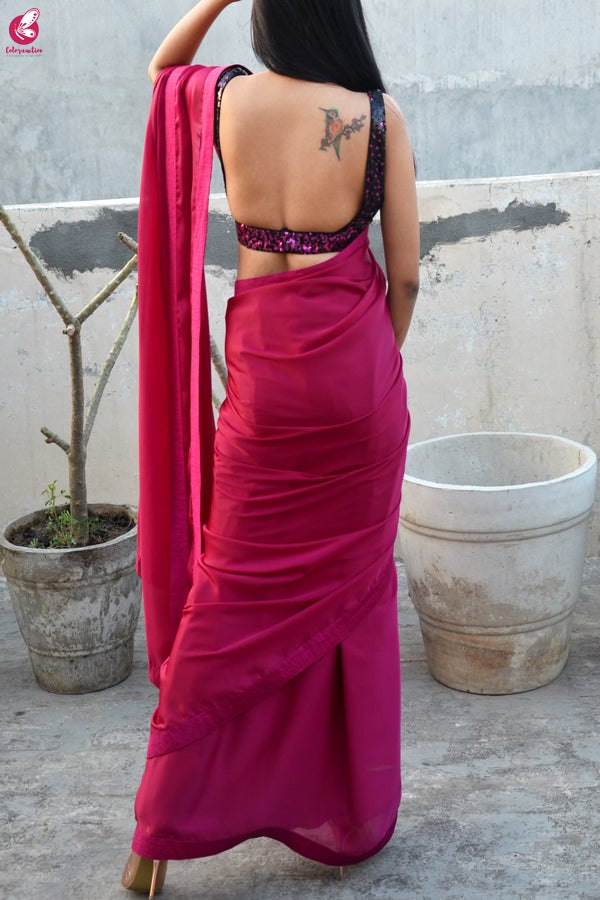 Garnet Silk Georgette Dupion Silk Taping Saree