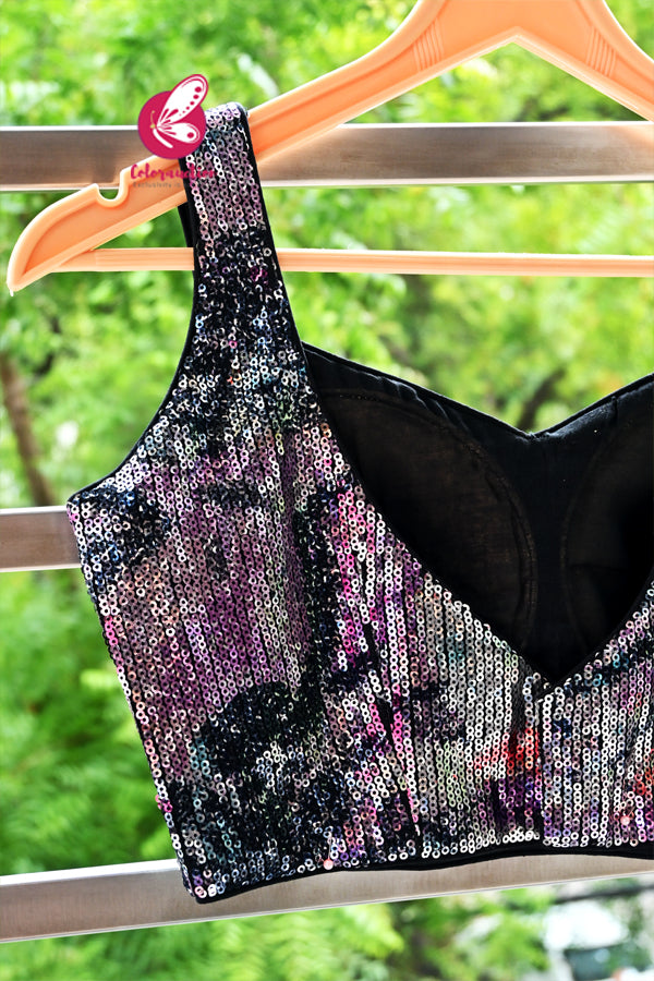 Multicoloured Sequins Net Padded Back Hooks Blouse