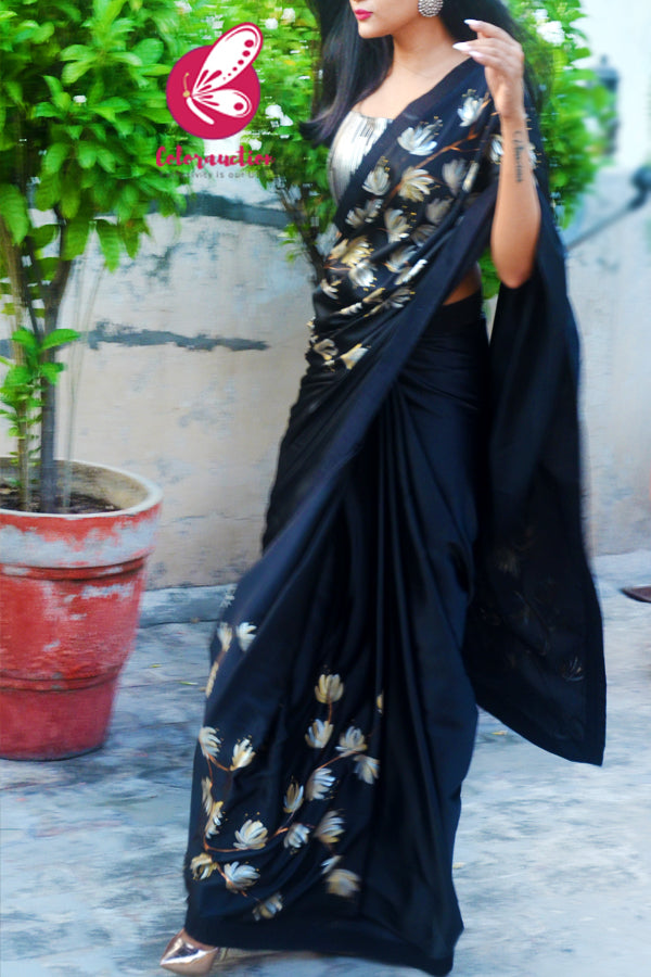 Black Satin Floral Handpainted Saree