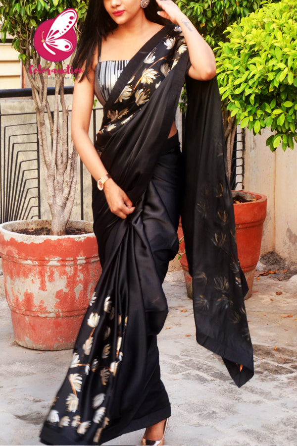 Black Satin Floral Handpainted Saree
